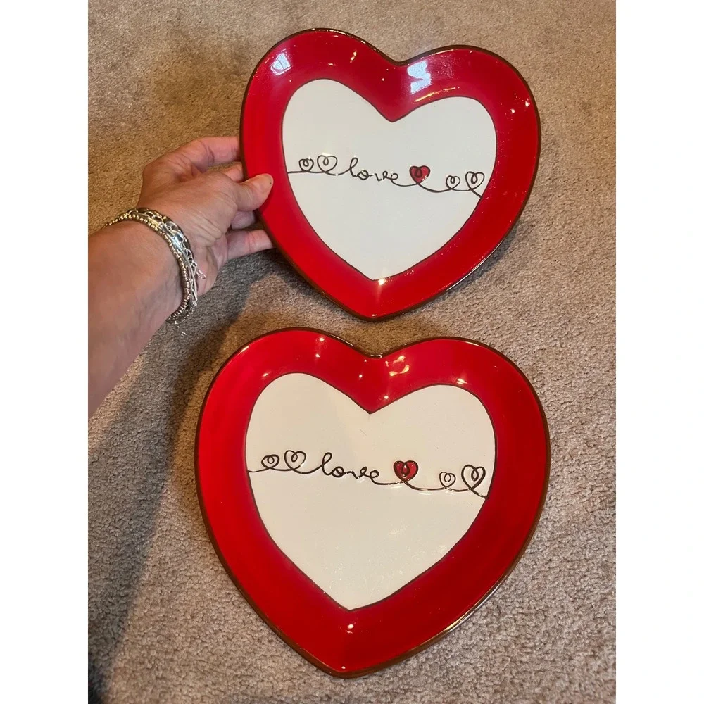 Valentine's 08 Heart Shaped Plates Set of 2 Red White Love Ceramic